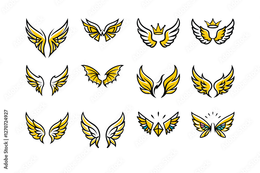 Obraz premium Unique collection of angel wings in cartoon doodle line art and trendy hand-drawn flat style vector illustrations.