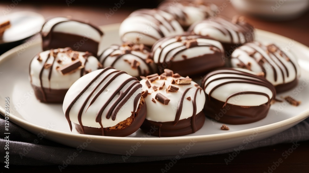 Chocolate-covered marshmallow cookies with white icing and chocolate drizzle Chocolate-covered marshmallow cookies with white icing and chocolate drizzle