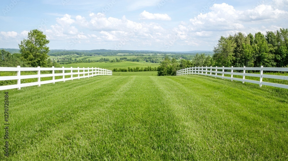 Fototapeta premium White wooden fences line a lush green grass field leading to rolling hills under a blue sky.