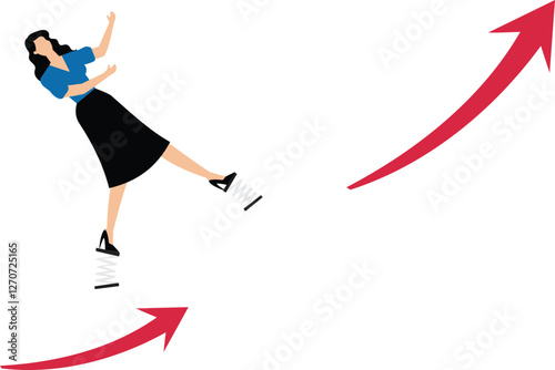 Changing or transforming, turning around, challenging the odds and conquering adversity, a businesswoman pole vaulting from the down arrow to the up arrow of growth