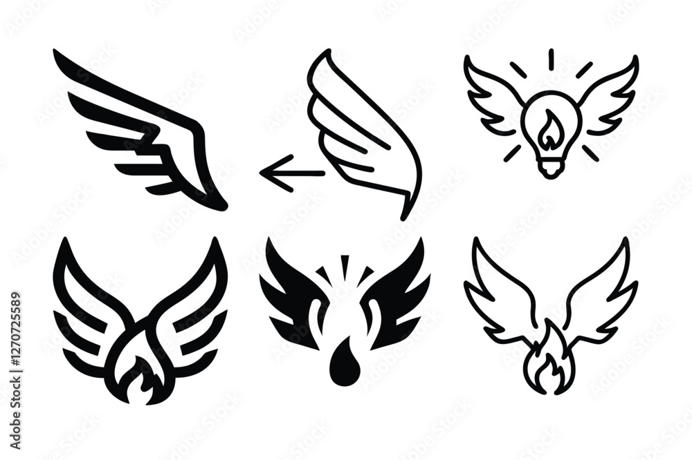 Fototapeta premium Unique collection of angel wings in cartoon doodle line art and trendy hand-drawn flat style vector illustrations.