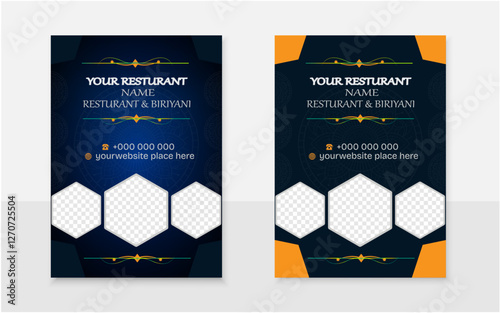 Modern Restaurant food flyer tenplate design layout with polygonal deep blue and black shape.