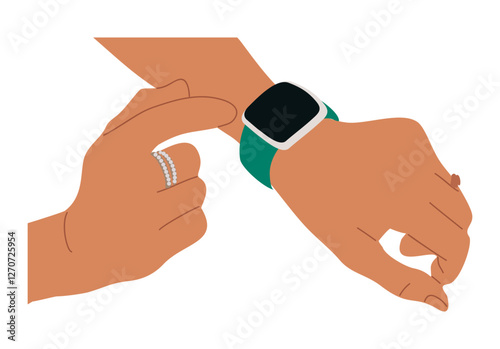 Female hands wearing smart watch on wrist. Modern technology concept. Vector colorful illustration isolated