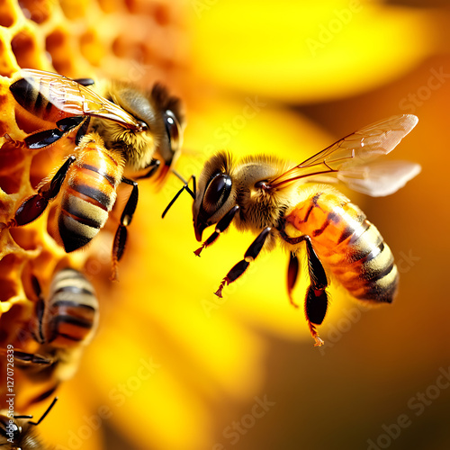 Wallpaper Mural Honeybees Collecting Nectar on Honeycomb Frames in a Beehive under Golden Sunlight Conditions Torontodigital.ca