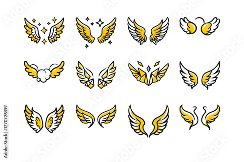 Unique collection of angel wings in cartoon doodle line art and trendy hand-drawn flat style vector illustrations.