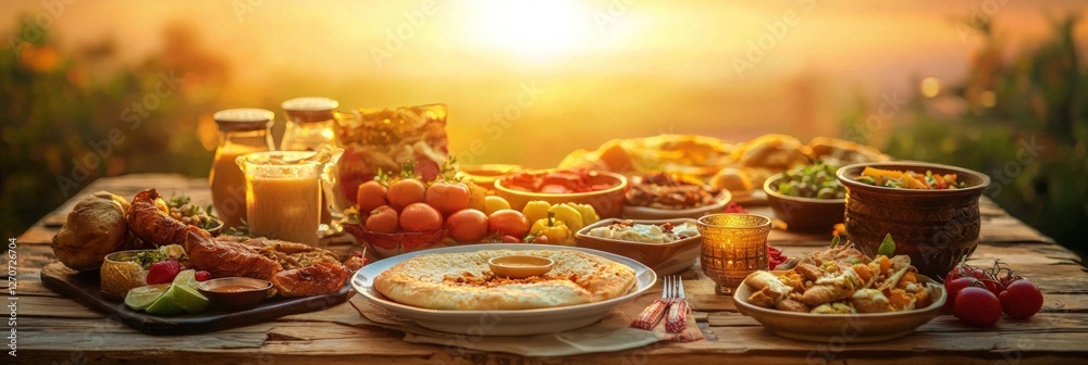A peaceful Ramadan table set with traditional food against a glowing sunset