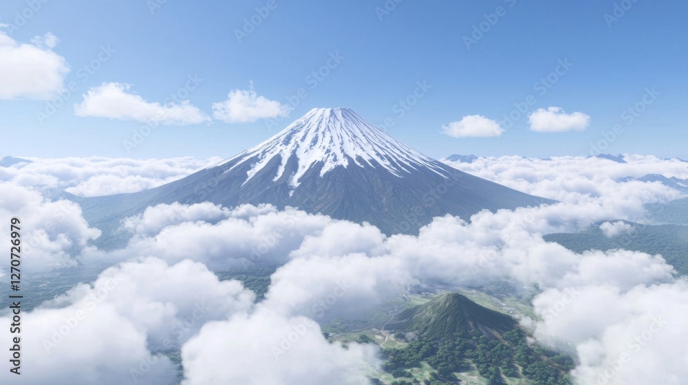 Majestic 3D Mount Fuji, its snow-capped peak emerging from soft rolling clouds. Majestic 3D Mount Fuji, its snow-capped peak emerging from soft rolling clouds.