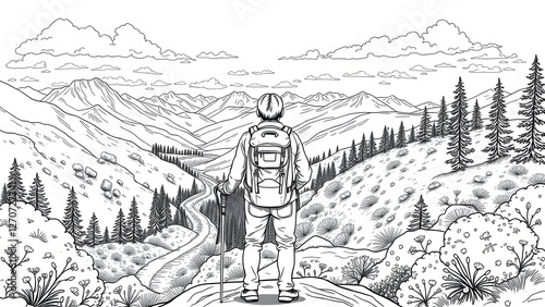 Black and White Illustration of a Hiker Standing in Mountains, Scenic Landscape with Detailed Trees, Nature Adventure and Exploration Artwork photo