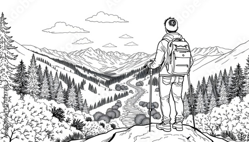 Black and White Illustration of a Hiker Standing in Mountains, Scenic Landscape with Detailed Trees, Nature Adventure and Exploration Artwork photo