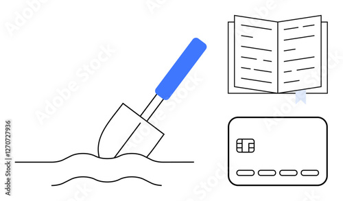 Shovel digging into ground alongside an open book and credit card, portraying themes of research, education, and finance. Ideal for presentations on data mining, financial literacy, e-learning