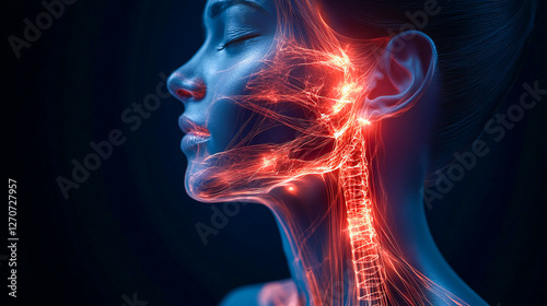 Trigeminal nerve with a highlighted area indicating pain, surrounded by educational text about trigeminal neuralgia symptoms and treatments