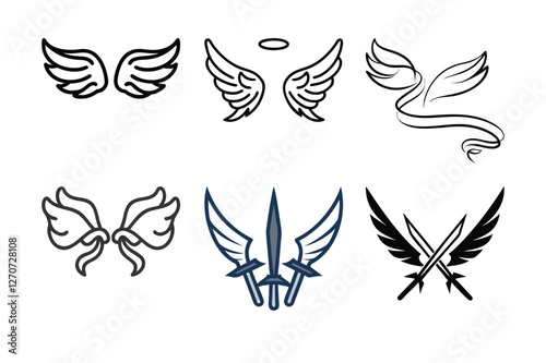 Unique collection of angel wings in cartoon doodle line art and trendy hand-drawn flat style vector illustrations.