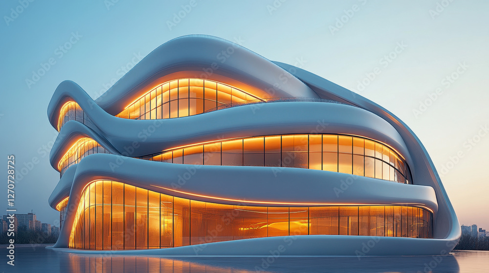 Fototapeta premium A white, curved glass building with golden lights inside
