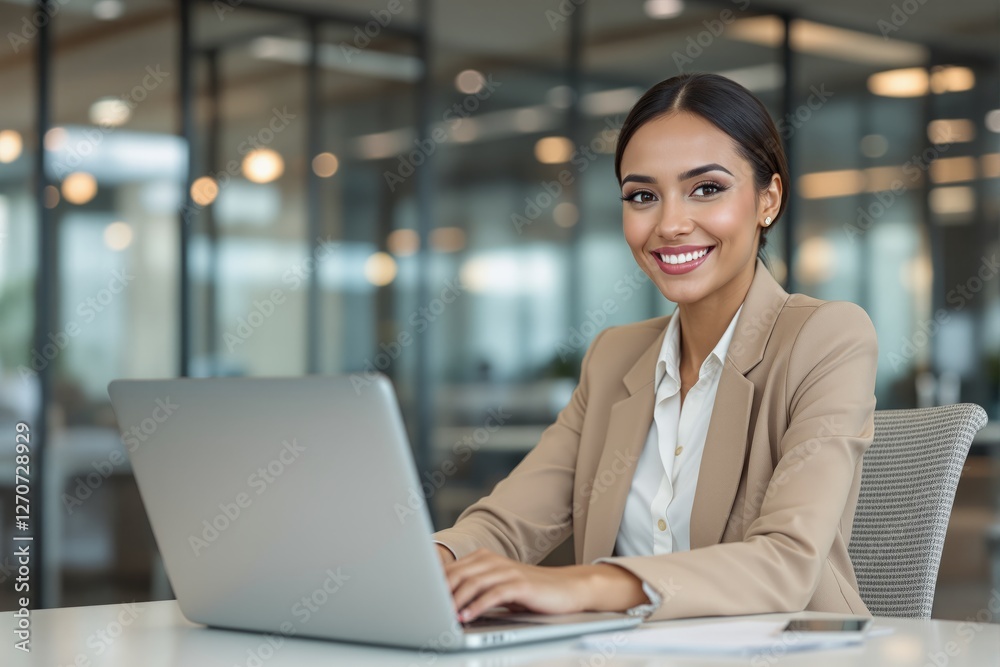 Smiling woman in business attire working on a laptop in a modern office environment. Bright and professional atmosphere. Ai generative Smiling woman in business attire working on a laptop in a modern office environment. Bright and professional atmosphere. Ai generative