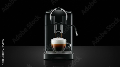 Hot coffee flow to a cup on espresso machine, minimal style, Dark Dramatic Lighting.