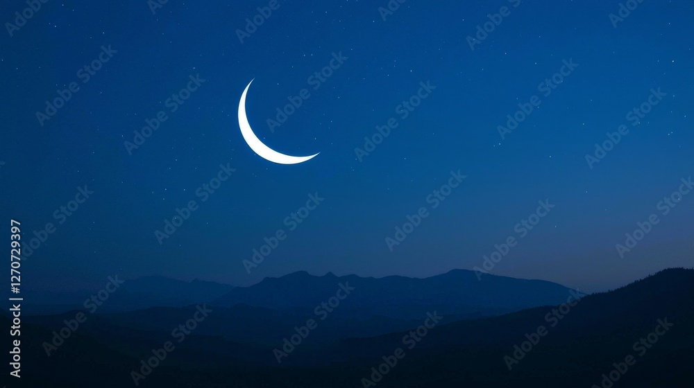 Naklejka premium Crescent Moon over Silhouetted Mountains Night Sky Landscape Photography, Night photography, moon