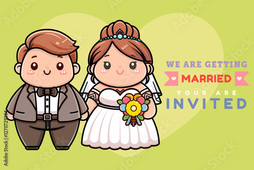 Wedding invitation card the bride and groom cute, Bride and groom standing on the wedding dress Bride holding flowers , We are getting married template card, Vector illustrator