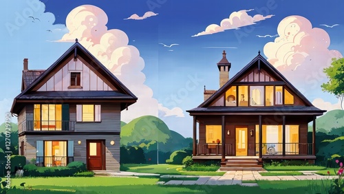 Illustration, a house, garden, lots of clouds