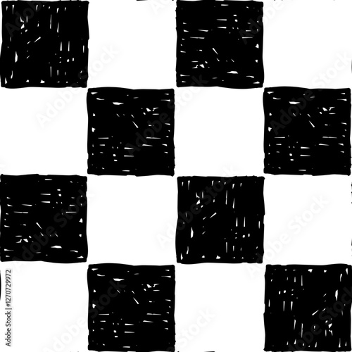 Grunge Checkerboard Seamless Pattern. Hand drawn chessboard background. Black and white paint checkered texture with chalk or pencil drawing. Vector illustration