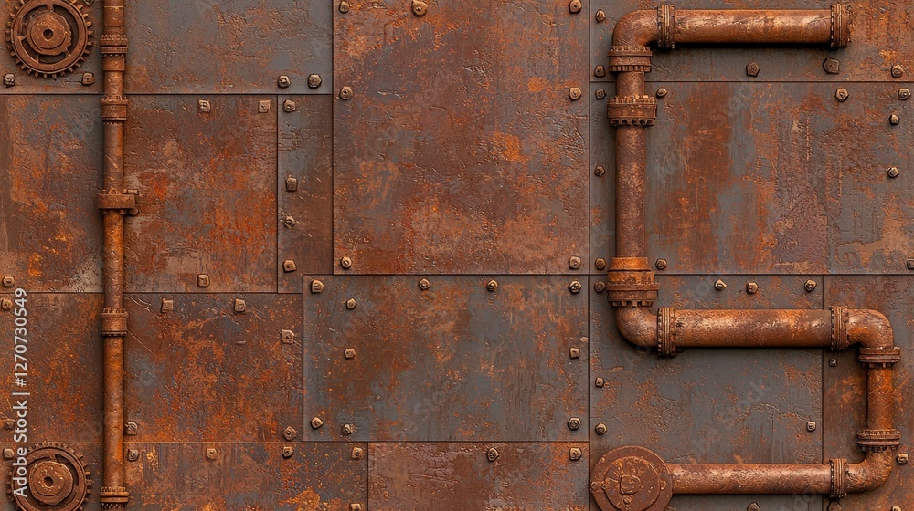 Rusty Metal Panel with Pipes and Gears Steampunk Texture, 3D Render, Industrial Background Steampunk, Industrial Design Rusty Metal Panel with Pipes and Gears Steampunk Texture, 3D Render, Industrial Background Steampunk, Industrial Design
