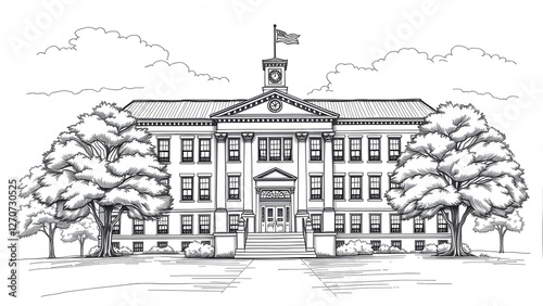 Hand-Drawn Illustration of a Historic School Building, Black-and-White Sketch of an Old Educational Institution photo