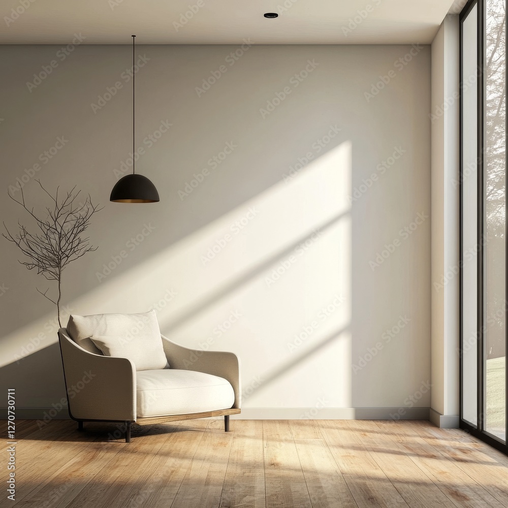 Fototapeta premium A minimalist living room with a beige armchair, wooden floors, and a large window.