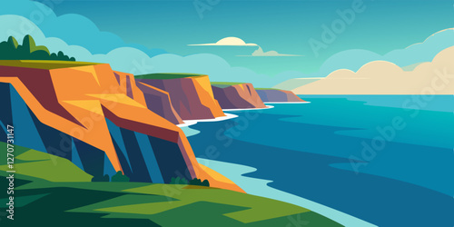 Coastal cliffs overlook serene ocean under bright sky with scattered clouds