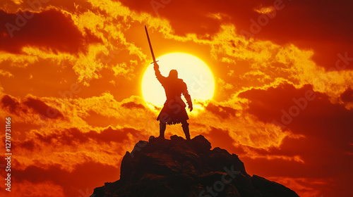 Silhouetted warrior celebrates victory atop mountain at fiery sunset photo