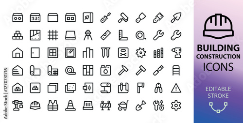 Construction UI line icons. Set of construction materials and tools vector symbol with editable stroke.