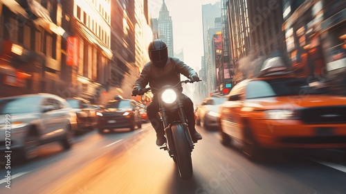 Dynamic Motorcycle Ride through Busy City Streets at Dawn