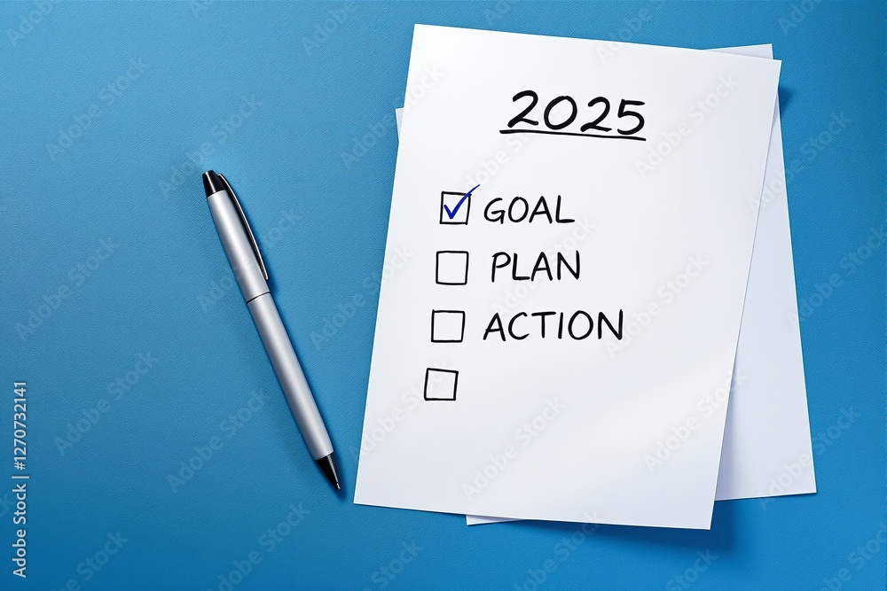 A checklist for 2025 with Goal ticked, alongside a pen on a blue surface. Minimalist graphic style. Concept of planning and achievement. Ai generative A checklist for 2025 with Goal ticked, alongside a pen on a blue surface. Minimalist graphic style. Concept of planning and achievement. Ai generative