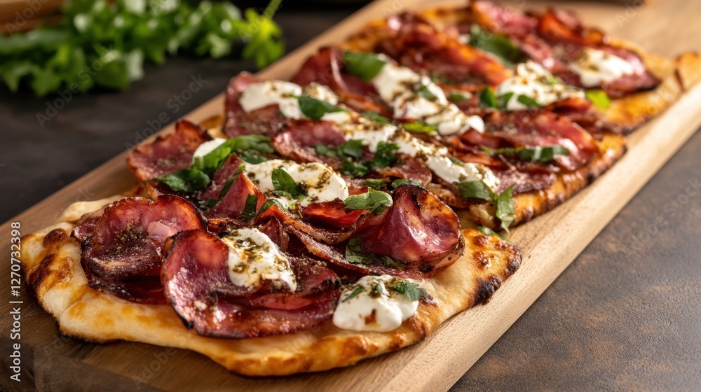 Delicious flatbread pizza with salami, mozzarella, and herbs on wooden board Delicious flatbread pizza with salami, mozzarella, and herbs on wooden board