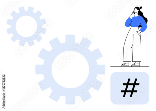 Woman thinking beside large cogs and hash sign, symbolizing contemplation and technology. Ideal for innovation, problem-solving, technology, integration, workflow, industrial concepts, efficiency