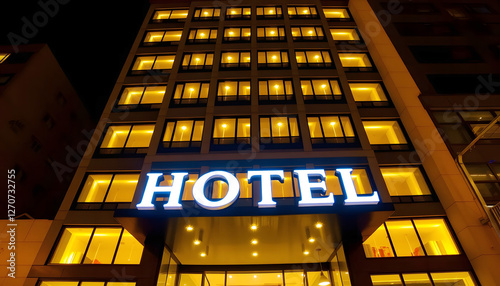 Night View of Hotel Exterior with Bright Neon Sign, Capturing the Urban Vibe and the Welcoming Ambiance of a Modern Hospitality Building photo