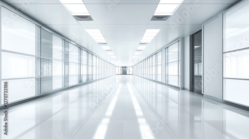 Empty modern sterile hallway, clean white interior, professional look, possible use in medical or scientific context