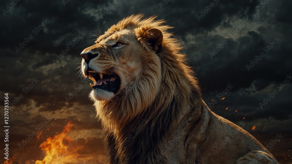 Naklejka premium A digital artwork of a lion made of golden flames, roaring with a background of a dark and stormy sky.