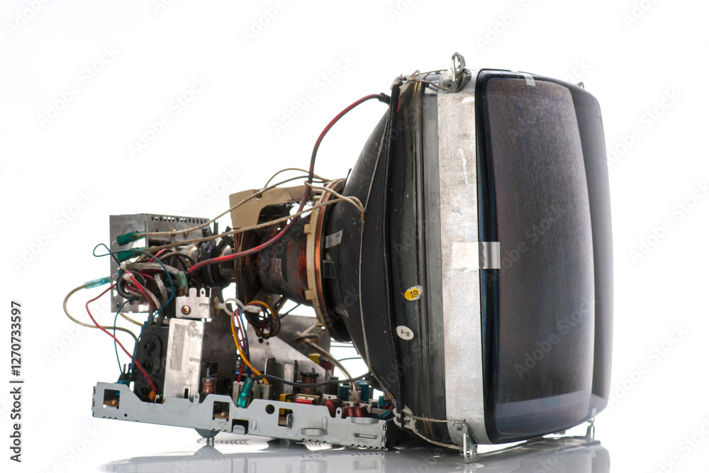 Old CRT television with exposed circuitry on a white background showcasing retro technology Old CRT television with exposed circuitry on a white background showcasing retro technology