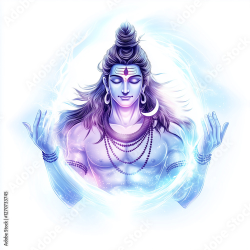 A digital painting depicts a figure believed to represent Lord Shiva, adorned with traditional jewelry and holding a trident. He stands amidst a swirling, cosmic background composed of colorful nebula photo