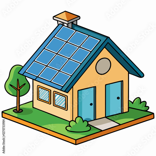 Cartoon Illustration of a Cute Suburban House with Solar Panels on the Roof