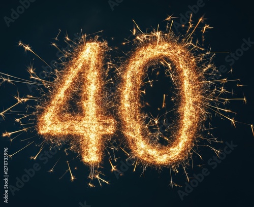 Sparkling Number 40 in Brilliant Fireworks Display on Dark Background, Celebrating Life Milestones and Special Occasions with Glowing Effects