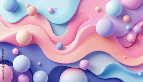 Fondo abstracto con esferas y formas onduladas en colores pastel