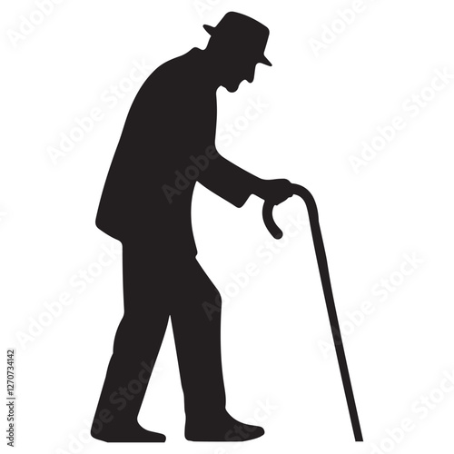 Silhouette of Elderly Man Walking with Cane Vector Graphic