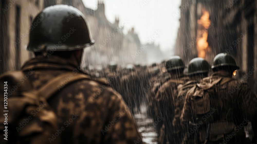 A commander giving orders to his soldiers while rain pours down on their helmets, the battlefield filled with chaos and smoke A commander giving orders to his soldiers while rain pours down on their helmets, the battlefield filled with chaos and smoke