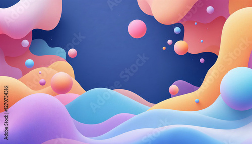 Fondo abstracto con esferas y formas onduladas en colores pastel