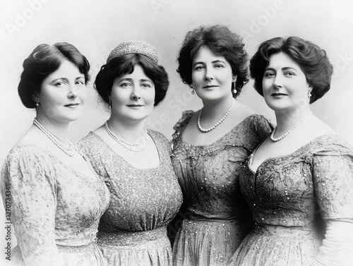 A vintage black-and-white photo of four women, each adorned in pearls and elegant lace dresses. Their similar features and hairstyles convey a timeless, classic beauty from a bygone era. photo