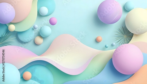 Fondo abstracto con esferas y formas onduladas en colores pastel