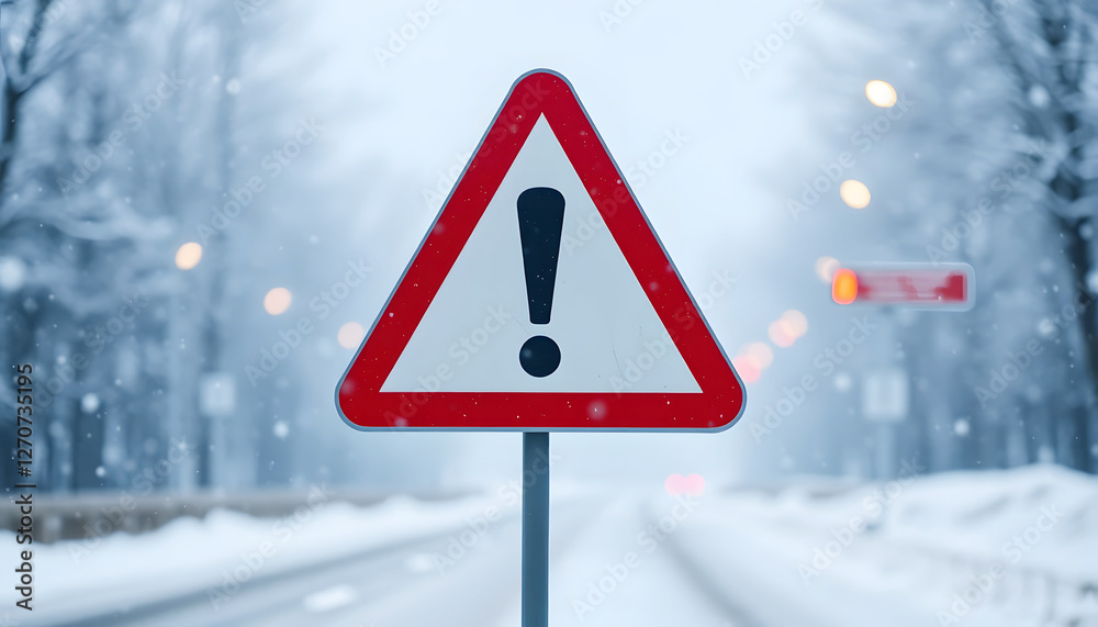 Snowy Winter Road with Danger Ahead Sign, Warning of Hazardous Driving Conditions in Extreme Weather and Icy Roads for Safe Travel Snowy Winter Road with Danger Ahead Sign, Warning of Hazardous Driving Conditions in Extreme Weather and Icy Roads for Safe Travel