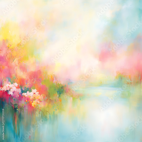 Impressionistic Springtime Blossoms by the Gentle Waterscape with Dreamy Hues and Pastel Reflections