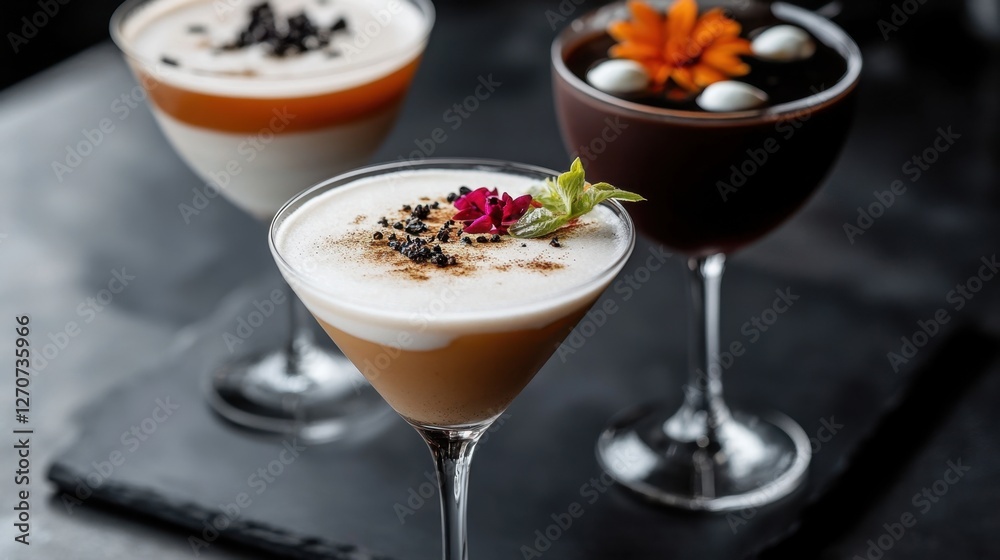 Elegant cocktail presentation with floral garnish for celebratory events and party planning Elegant cocktail presentation with floral garnish for celebratory events and party planning