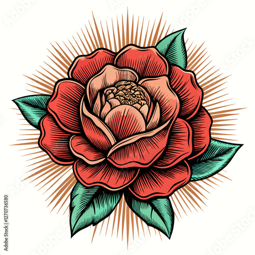 A Stunning Vintage Style Red Rose with Teal Leaves and Brown Rays